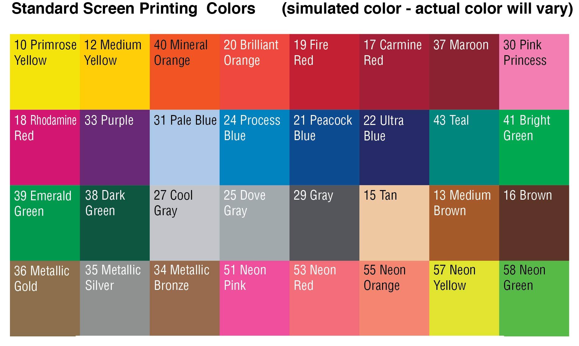 Screen Printing Ink Color Chart